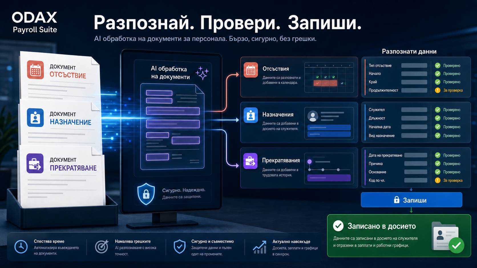 AI разпознаване на документи за отсъствие, назначение и прекратяване в ODAX PayrollSuite