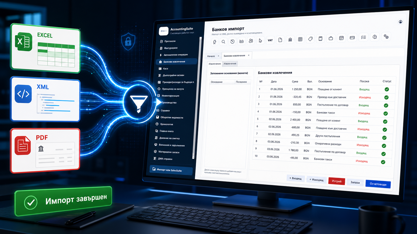 Импорт на банкови извлечения от Excel, XML и PDF в ODAX AccountingSuite