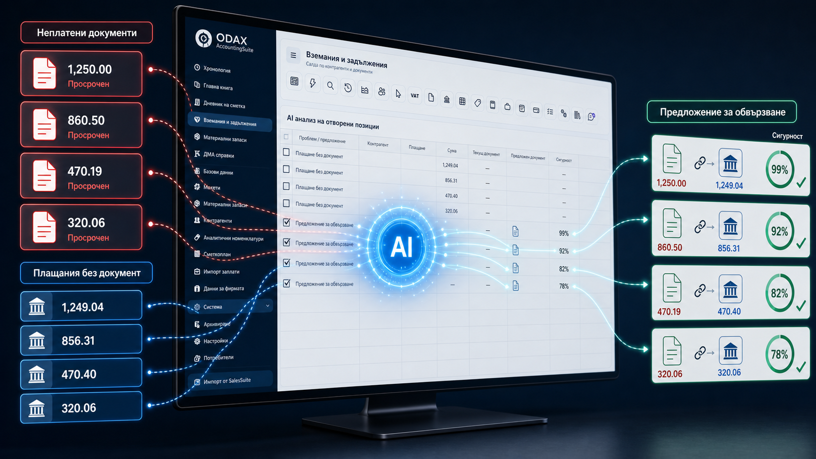 AI предложения за обвързване на плащания и документи в ODAX AccountingSuite