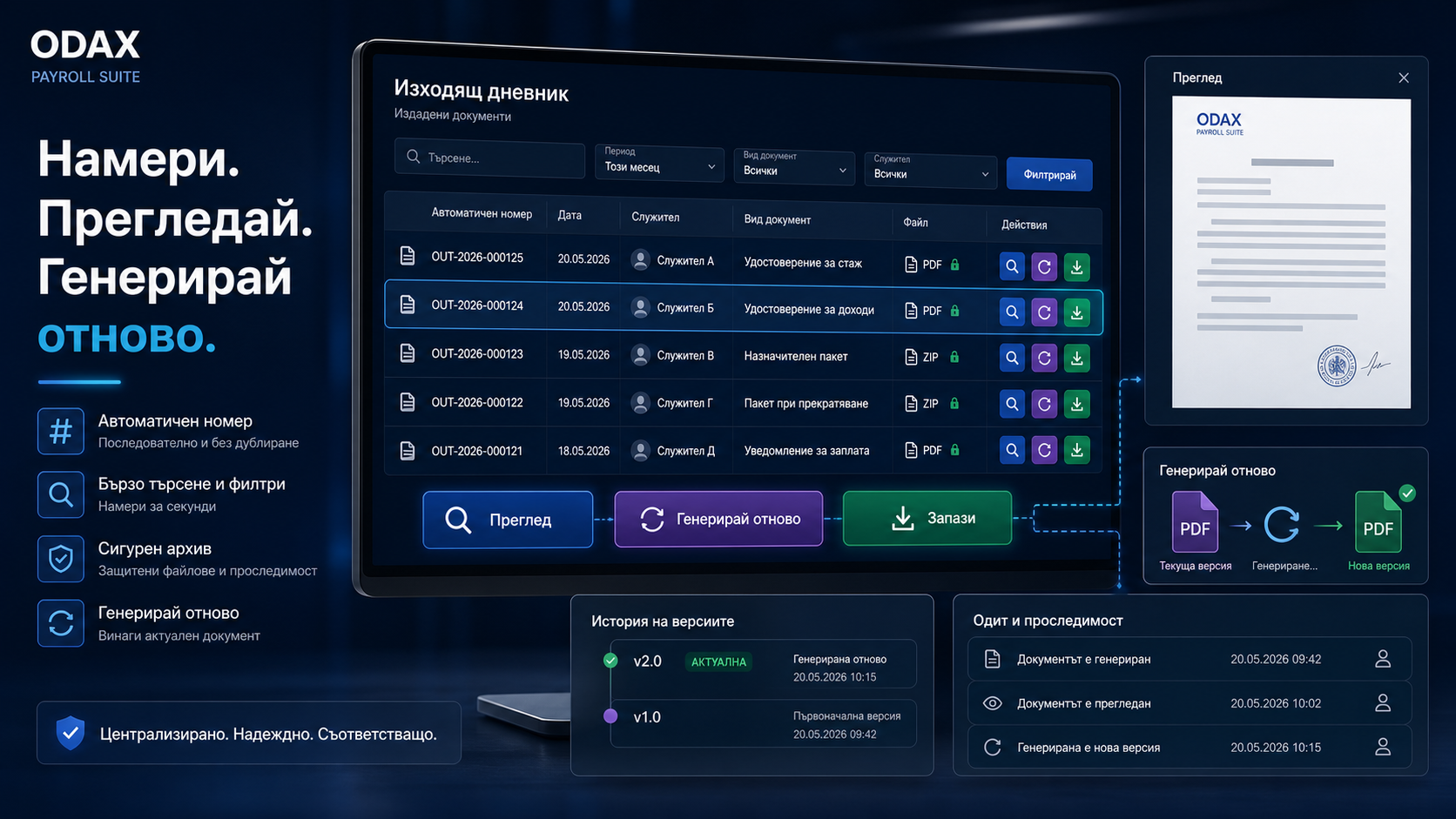 Изходящ дневник на издадените документи с уникални номера в ODAX PayrollSuite