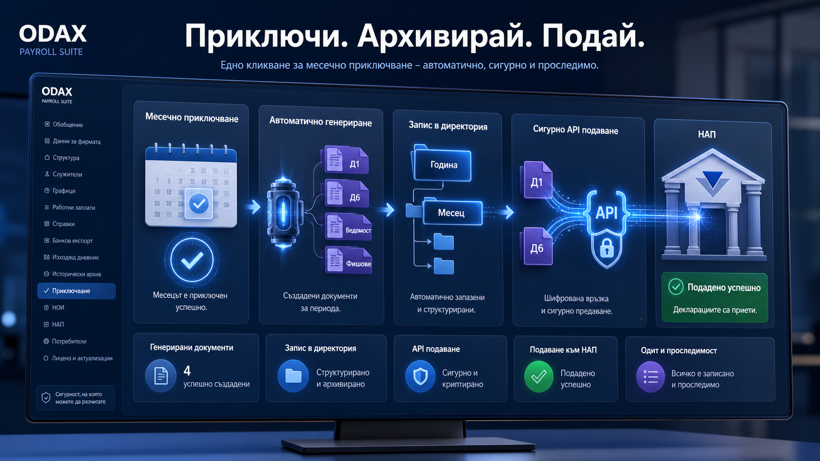 Месечно приключване с локално архивиране на ведомости и фишове и API подаване на декларации 1 и 6